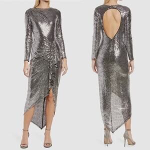 Tadashi Shoji Sho silver sequin long sleeves maxi gown size medium wedding guest
